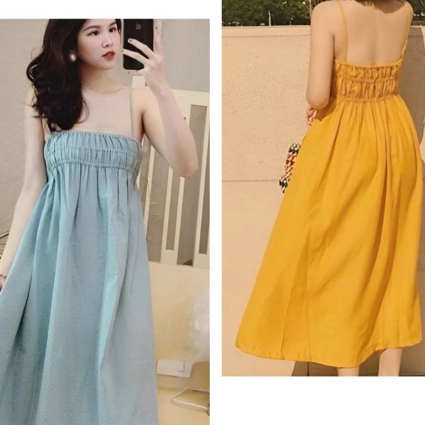 Váy 2 dây dáng dài qua gối bo chun ngực vàng xanh Đầm nữ đi biển du lịch dáng xòe chất đũi xinh hè thu T620G
