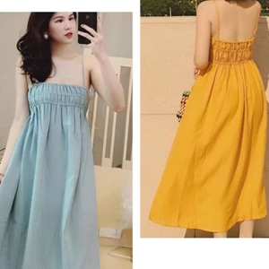 Váy 2 dây dáng dài qua gối bo chun ngực vàng xanh Đầm nữ đi biển du lịch dáng xòe chất đũi xinh hè thu T620G