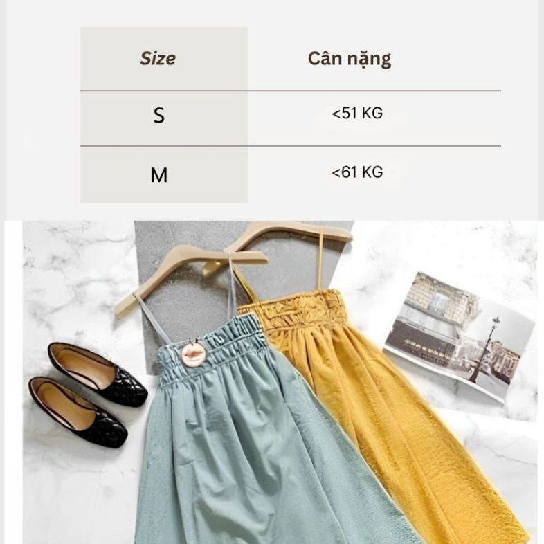 Váy 2 dây dáng dài qua gối bo chun ngực vàng xanh Đầm nữ đi biển du lịch dáng xòe chất đũi xinh hè thu T620G