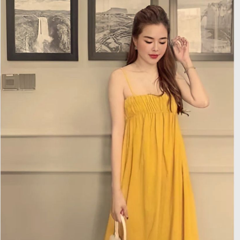 Váy 2 dây dáng dài qua gối bo chun ngực vàng xanh Đầm nữ đi biển du lịch dáng xòe chất đũi xinh hè thu T620G