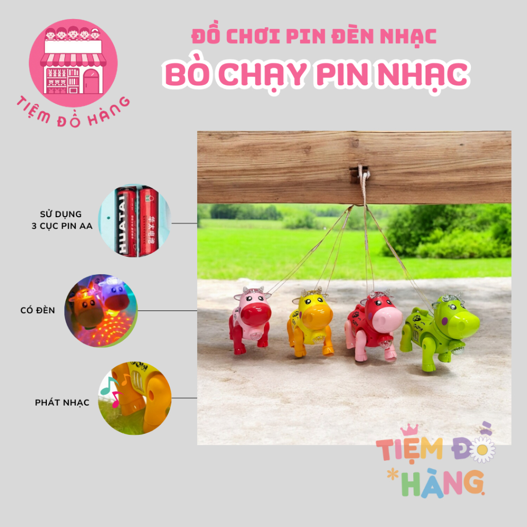 (Kèm 3 Cục Pin) Đồ Chơi Bò Pin Đèn Nhạc Cho Bé, Bò Có Thể Di Chuyển