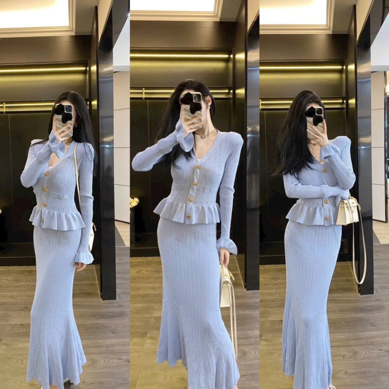 Đầm len nút đá tay dài siêu câp xanh dương hồng ngắn dài