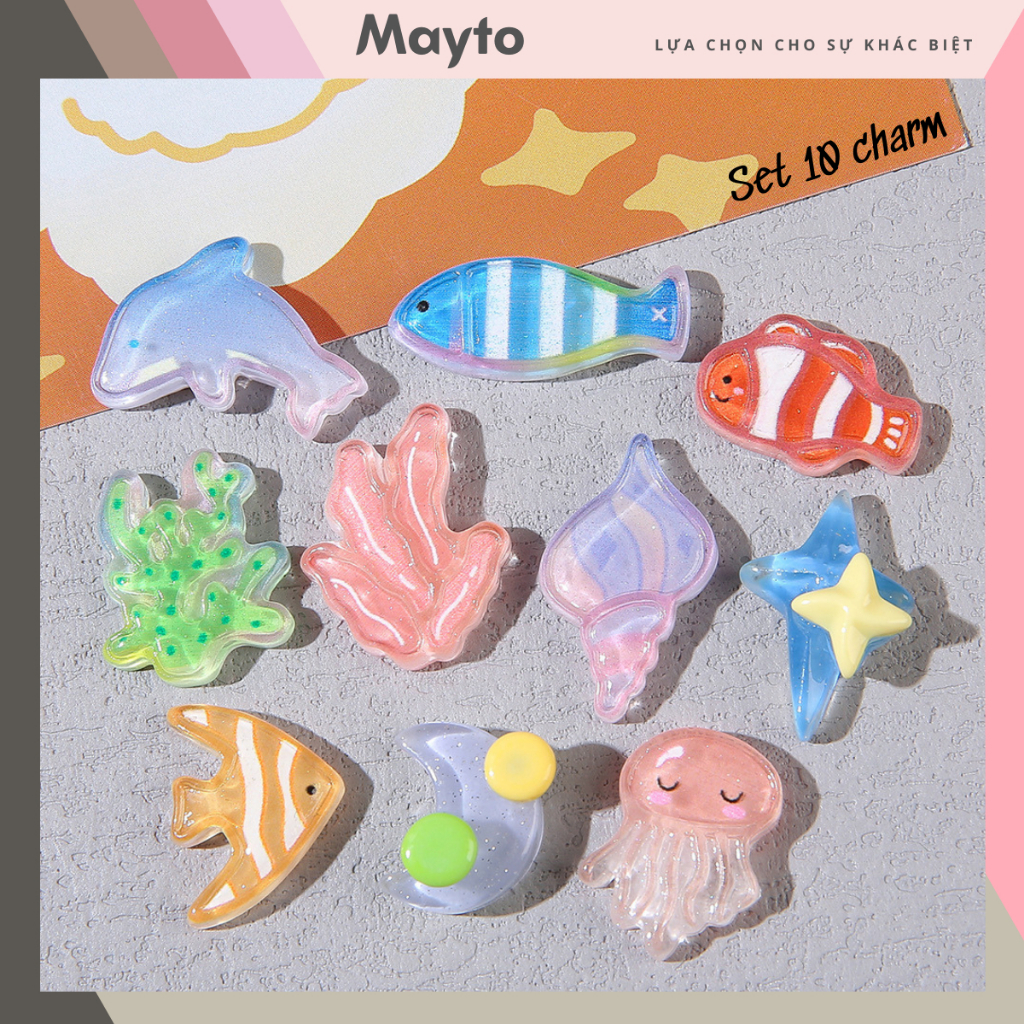 Bộ 10 Sticker, Charm 3D chủ đề Đại dương mini nhựa cứng gắn Dép Cross ...