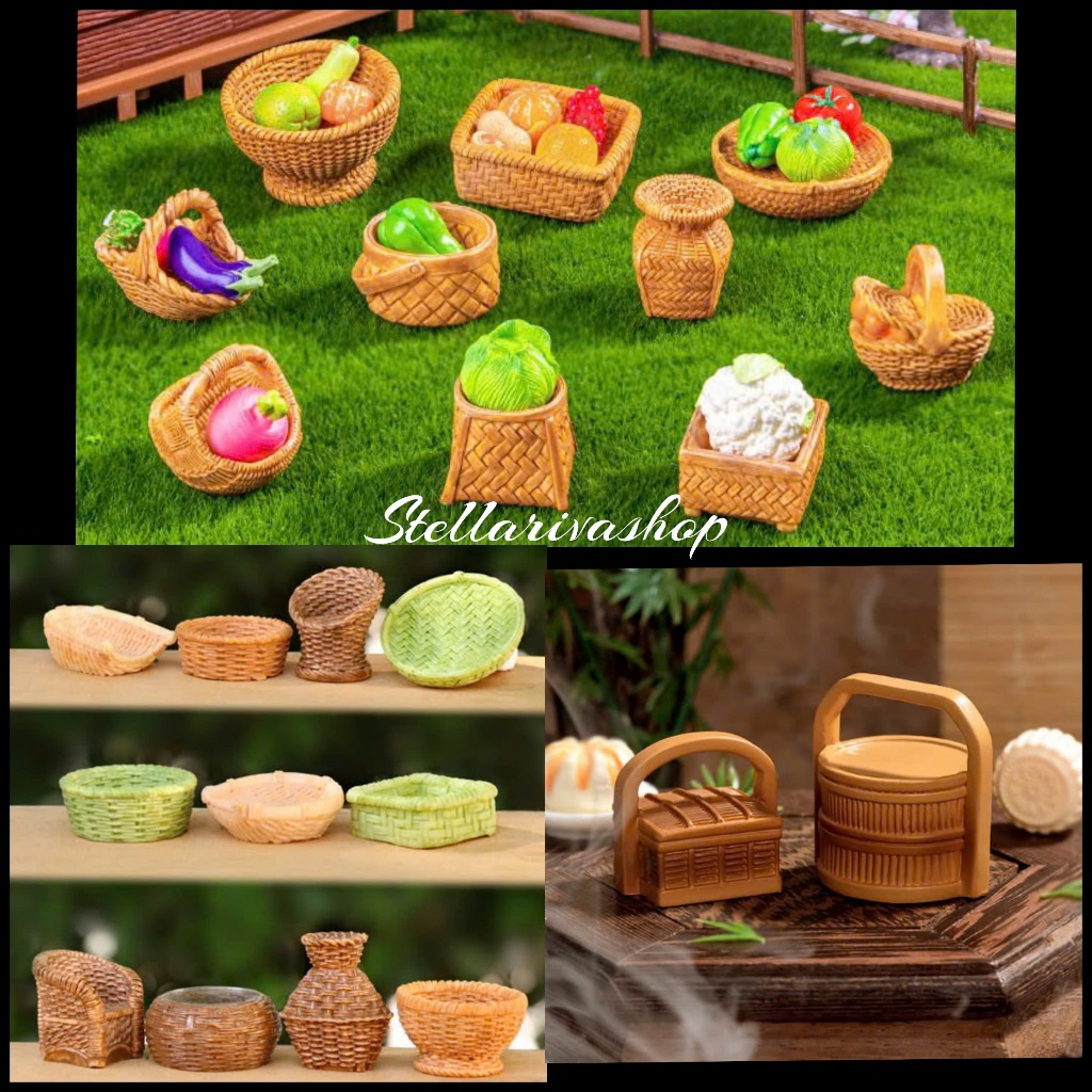 Mô hình bàn ghế tre, rổ tre, sọt tre kích thước mini decor tiểu cảnh ...