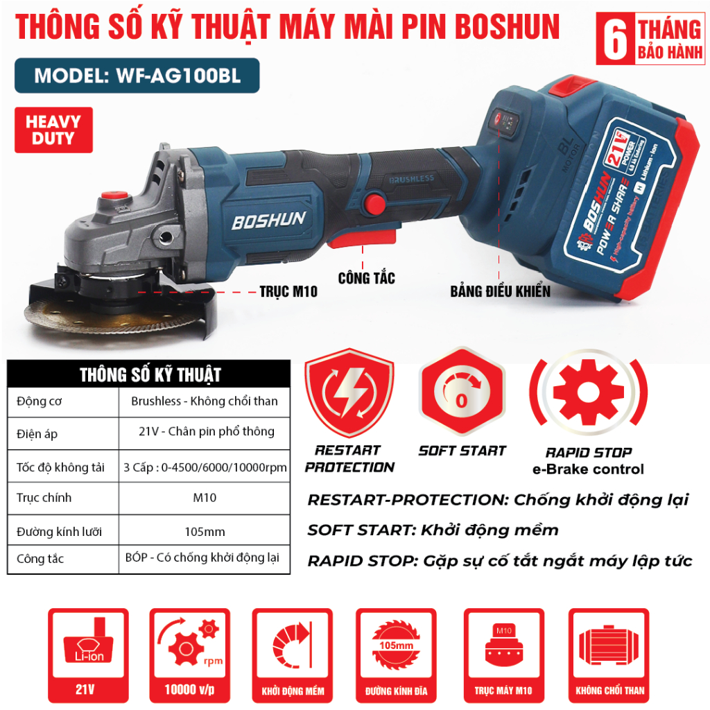 [Tặng lưỡi mài] Máy mài góc, máy cắt Bossun BS-AG100XBL - Cắt Sắt, Cắt Gỗ, motor 100% lõi đồng, 3 tốc độ, chống sốc đá