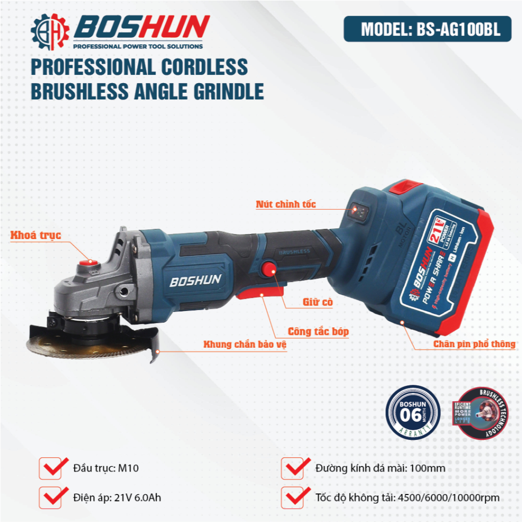 [Tặng lưỡi mài] Máy mài góc, máy cắt Bossun BS-AG100XBL - Cắt Sắt, Cắt Gỗ, motor 100% lõi đồng, 3 tốc độ, chống sốc đá
