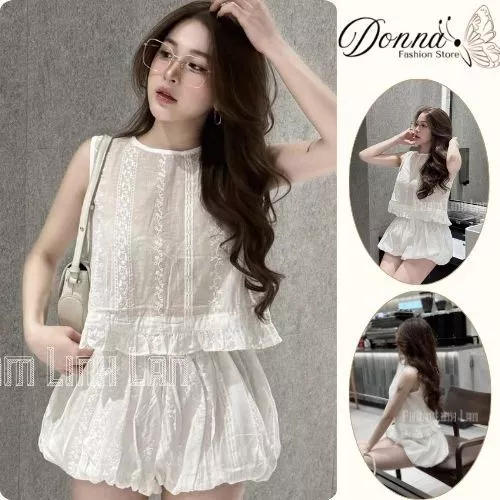 set đồ nữ xinh, bộ nữ áo ren phối chân váy bí sát nách vải thô ren trắng Donna hcom25705