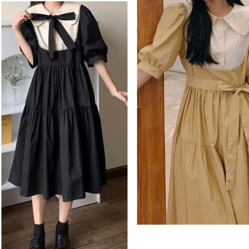 Váy bầu babydoll cổ sen kèm nơ phối ren tay bồng cộc có dây thắt eo tôn dáng Đầm nữ bánh bèo nâu đen dáng xòe T616G