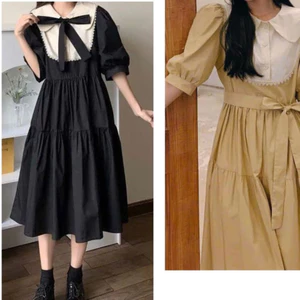 Váy bầu babydoll cổ sen kèm nơ phối ren tay bồng cộc có dây thắt eo tôn dáng Đầm nữ bánh bèo nâu đen dáng xòe T616G