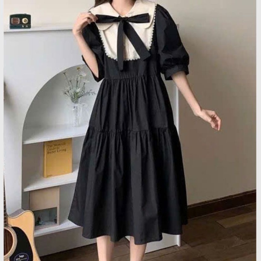 Váy bầu babydoll cổ sen kèm nơ phối ren tay bồng cộc có dây thắt eo tôn dáng Đầm nữ bánh bèo nâu đen dáng xòe T616G