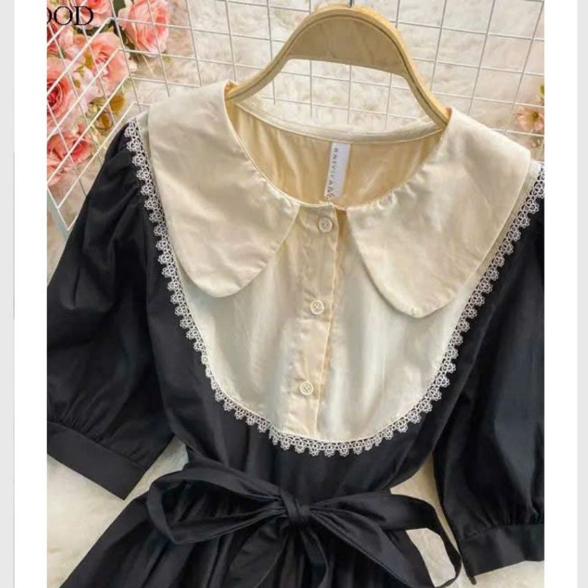 Váy bầu babydoll cổ sen kèm nơ phối ren tay bồng cộc có dây thắt eo tôn dáng Đầm nữ bánh bèo nâu đen dáng xòe T616G
