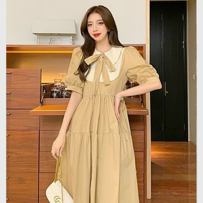 Váy bầu babydoll cổ sen kèm nơ phối ren tay bồng cộc có dây thắt eo tôn dáng Đầm nữ bánh bèo nâu đen dáng xòe T616G