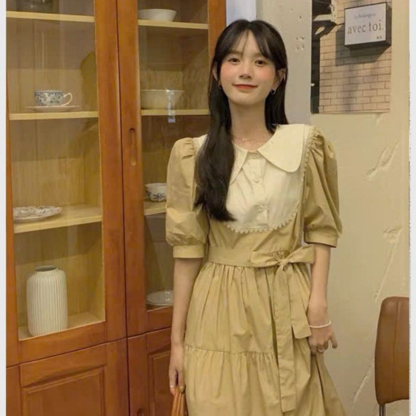 Váy bầu babydoll cổ sen kèm nơ phối ren tay bồng cộc có dây thắt eo tôn dáng Đầm nữ bánh bèo nâu đen dáng xòe T616G