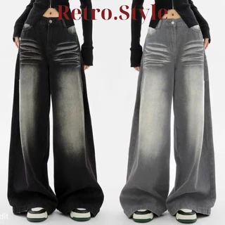 Quần jeans nữ cạp trễ eo ống đứng dáng RETRO Style, quần bò ống đứng dáng suông rộng màu SMOKE LOOSE PLEAT WIDE JEANS