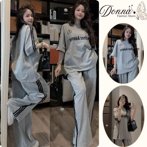 đồ bộ nữ, áo thun form rộng cộc tay phối quần suông màu ghi nhạt in chữ nổi trẻ trung Donna hcom25274
