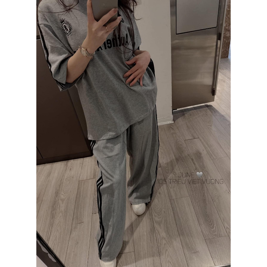 đồ bộ nữ, áo thun form rộng cộc tay phối quần suông màu ghi nhạt in chữ nổi trẻ trung Donna hcom25274