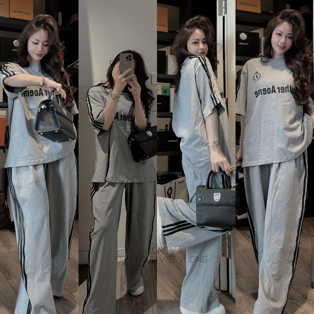 đồ bộ nữ, áo thun form rộng cộc tay phối quần suông màu ghi nhạt in chữ nổi trẻ trung Donna hcom25274