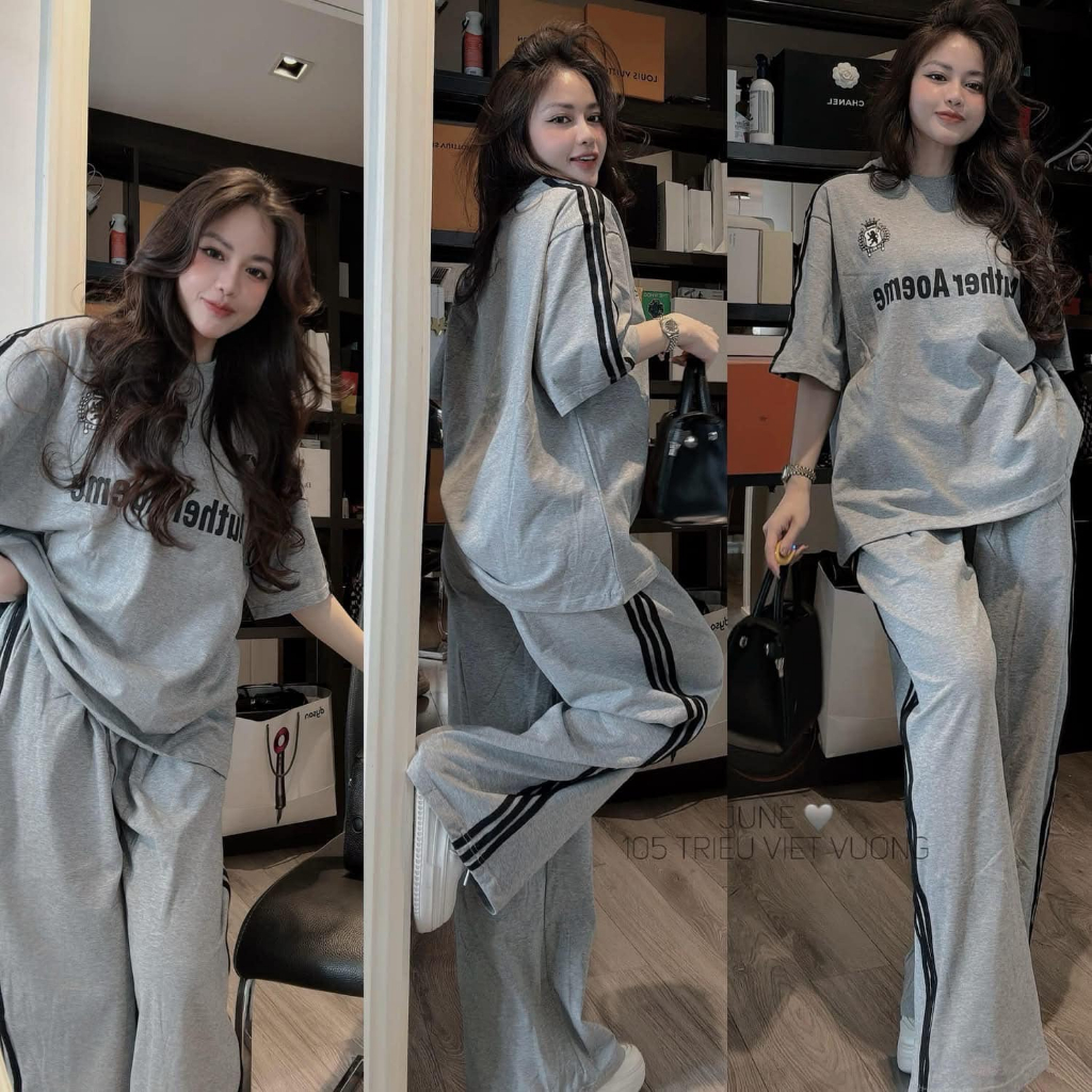 đồ bộ nữ, áo thun form rộng cộc tay phối quần suông màu ghi nhạt in chữ nổi trẻ trung Donna hcom25274