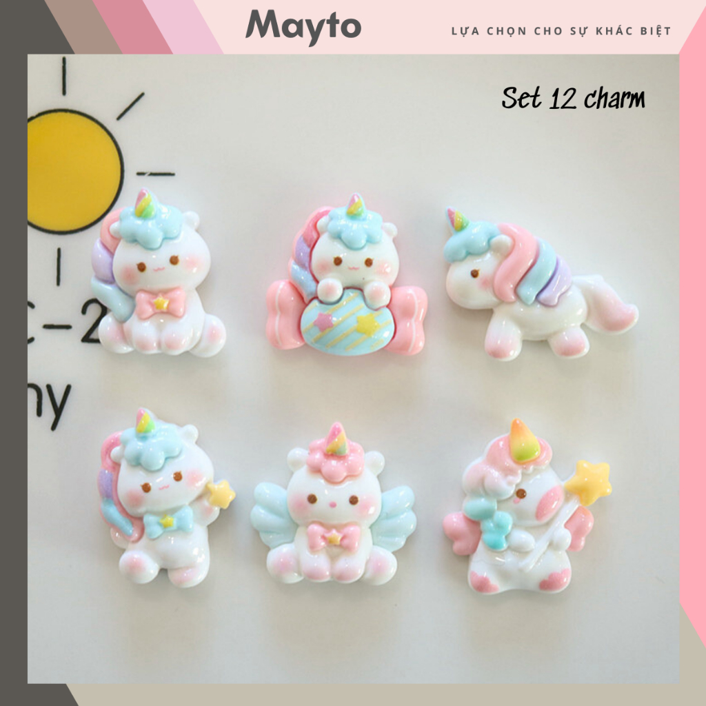 Set 12 Sticker, Charm 3D chủ đề Unicorn cầu vồng gắn Dép Cross, Dép Sục ...