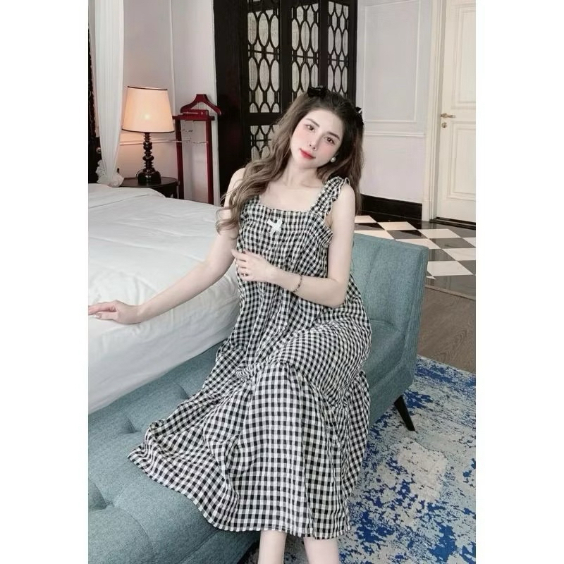 Váy/Đầm Ngủ 2 Dây Kẻ Caro Form Rộng Chất Đũi Xốp Mặc Nhà Mặc Hè Mát, Dáng Suông Thoáng Khí Che Bụng Cực Đẹp T338G