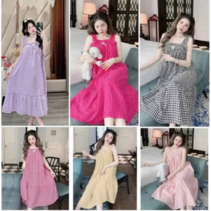 Váy/Đầm Ngủ 2 Dây Kẻ Caro Form Rộng Chất Đũi Xốp Mặc Nhà Mặc Hè Mát, Dáng Suông Thoáng Khí Che Bụng Cực Đẹp T338G