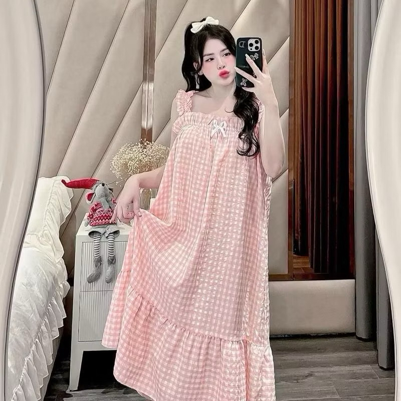 Váy/Đầm Ngủ 2 Dây Kẻ Caro Form Rộng Chất Đũi Xốp Mặc Nhà Mặc Hè Mát, Dáng Suông Thoáng Khí Che Bụng Cực Đẹp T338G