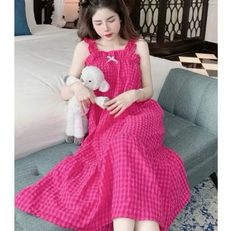 Váy/Đầm Ngủ 2 Dây Kẻ Caro Form Rộng Chất Đũi Xốp Mặc Nhà Mặc Hè Mát, Dáng Suông Thoáng Khí Che Bụng Cực Đẹp T338G