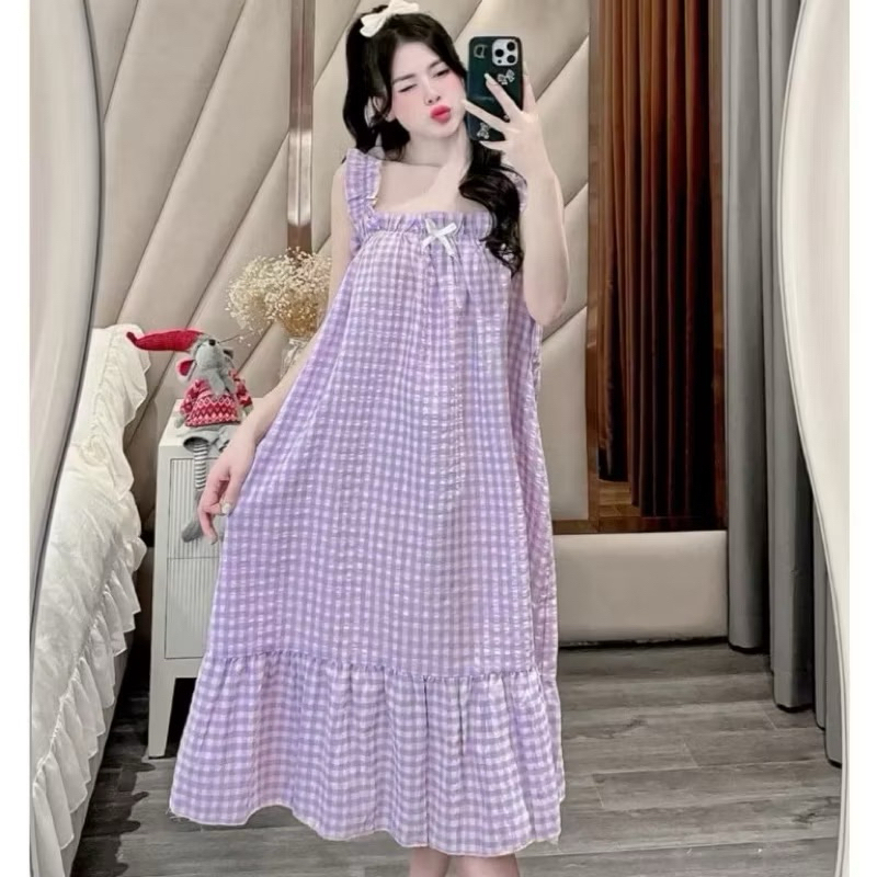 Váy/Đầm Ngủ 2 Dây Kẻ Caro Form Rộng Chất Đũi Xốp Mặc Nhà Mặc Hè Mát, Dáng Suông Thoáng Khí Che Bụng Cực Đẹp T338G