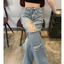 Quần jeans dài cạp cao ống rộng đính đá lấp lánh bling bling đường phố Quần denim rách lưng cao bling (HC38)