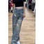 Quần jeans dài cạp cao ống rộng đính đá lấp lánh bling bling đường phố Quần denim rách lưng cao bling (HC38)