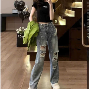 Quần jeans dài cạp cao ống rộng đính đá lấp lánh bling bling đường phố Quần denim rách lưng cao bling (HC38)