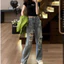 Quần jeans dài cạp cao ống rộng đính đá lấp lánh bling bling đường phố Quần denim rách lưng cao bling (HC38)