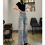 Quần jeans dài cạp cao ống rộng đính đá lấp lánh bling bling đường phố Quần denim rách lưng cao bling (HC38)