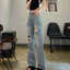 Quần jeans dài cạp cao ống rộng đính đá lấp lánh bling bling đường phố Quần denim rách lưng cao bling (HC38)