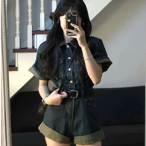 Set bộ jean áo cổ sơ mi liền quần mẫu mới 2024, Jum denim phong cách Hàn quốc dễ mặc dễ phối đồ (HC4)