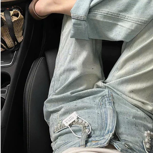 Quần jeans ống xuông đính đá ngọc viền túi, quần bò ống rộng nữ đính đá dễ phối đồ mặc đi học đi làm (HC3)