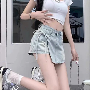 Quần sooc jean giả váy chất đẹp dày dặn phối buộc nơ, Quần short bò lưng cao dây nơ đơn giản (HC30)
