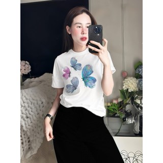 Bộ Áo Thun Nữ CHEPOL Cao Cấp, Form Rộng, Phối Chân Váy Dài, In Bướm, Chất Cotton ( Áo Phông Trắng + CV Suông) CP_x8683