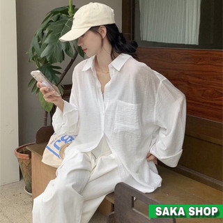 Áo sơ mi from rộng đũi lụa dài tay nữ phong cách Hàn Quốc