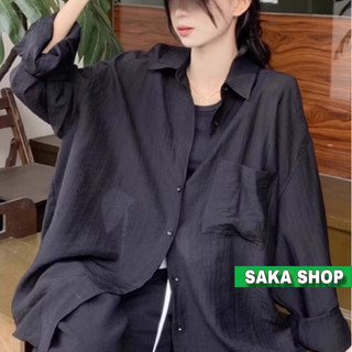 Áo sơ mi from rộng đũi lụa dài tay nữ phong cách Hàn Quốc