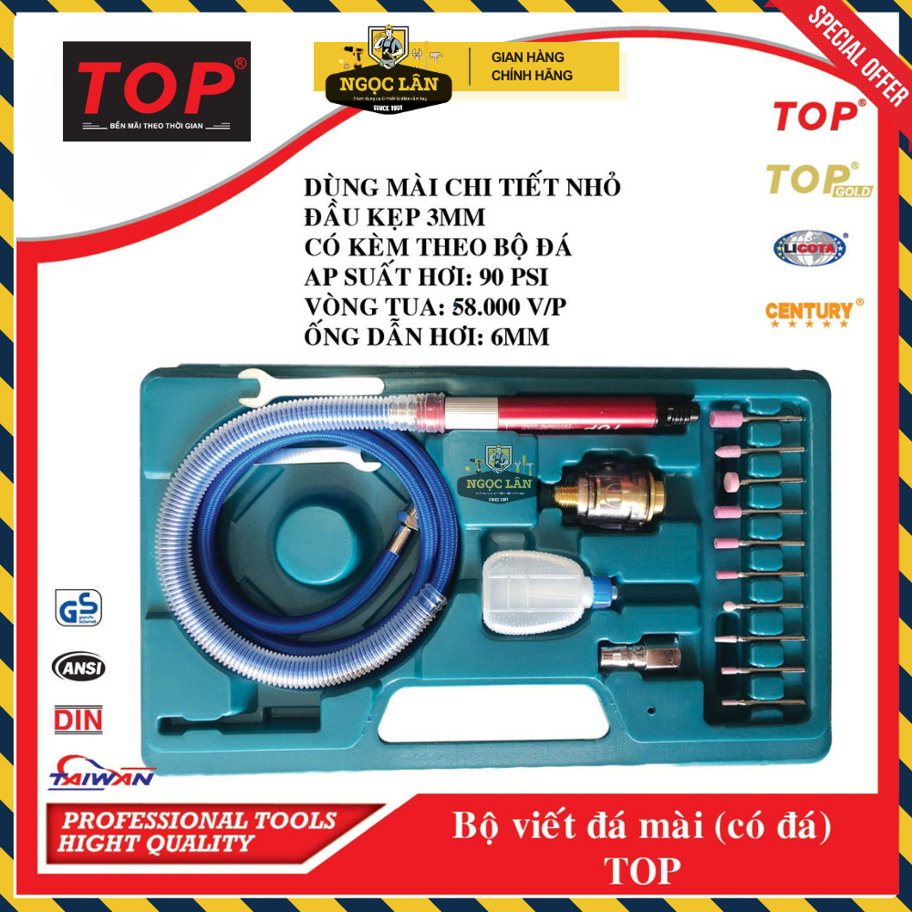 [Chính hãng TOP] Bộ máy mài hơi khí nén TOP dạng viết 3mm BỘ CÓ ĐÁ 10 cây  Đài Loan cao cấp