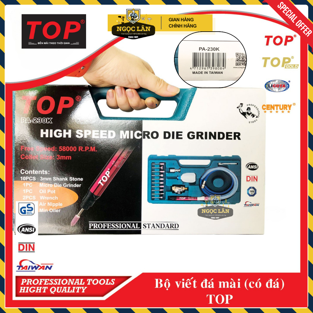 [Chính hãng TOP] Bộ máy mài hơi khí nén TOP dạng viết 3mm BỘ CÓ ĐÁ 10 cây  Đài Loan cao cấp