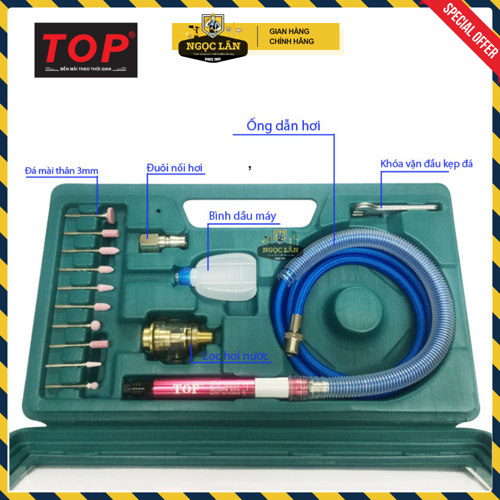 [Chính hãng TOP] Bộ máy mài hơi khí nén TOP dạng viết 3mm BỘ CÓ ĐÁ 10 cây  Đài Loan cao cấp