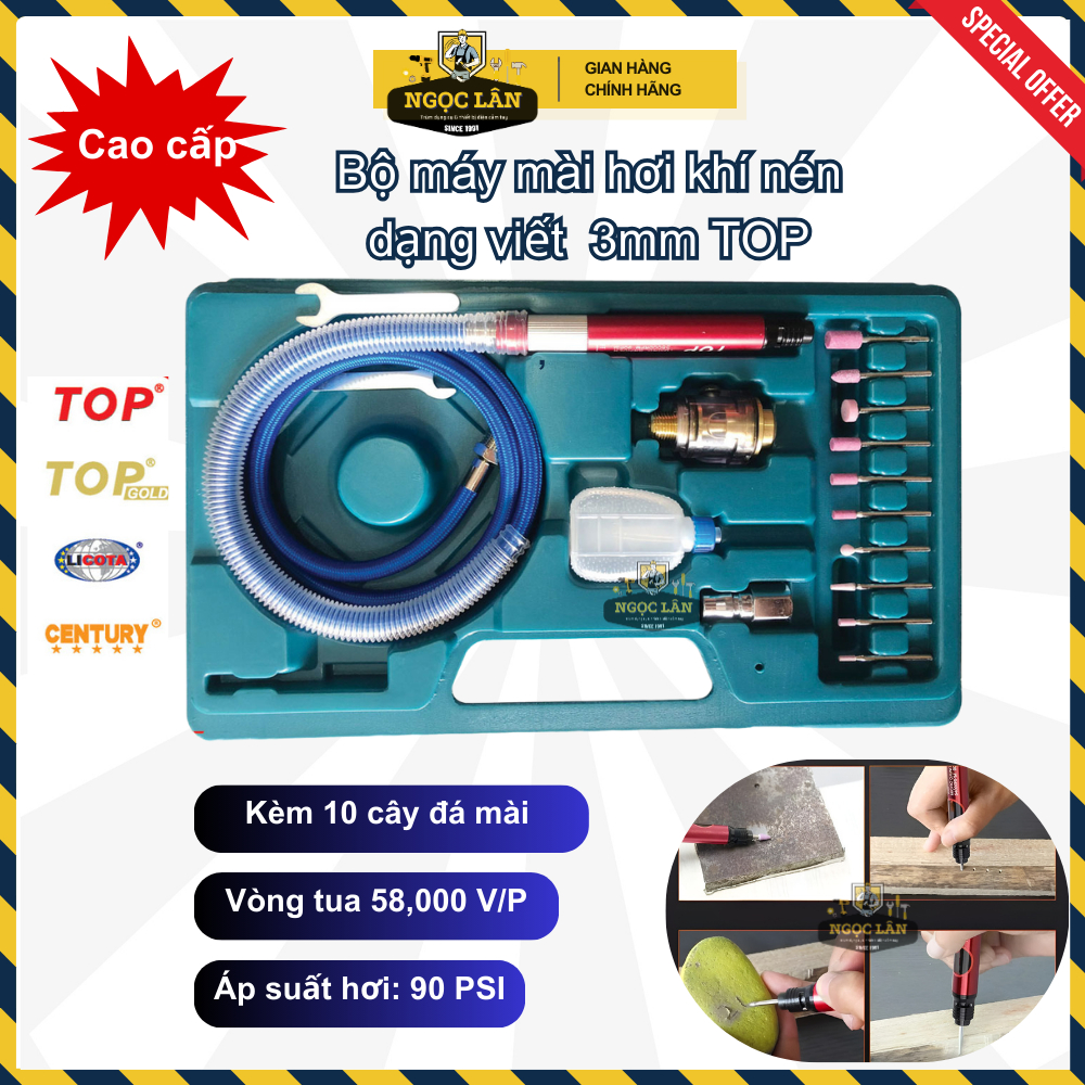 [Chính hãng TOP] Bộ máy mài hơi khí nén TOP dạng viết 3mm BỘ CÓ ĐÁ 10 cây  Đài Loan cao cấp