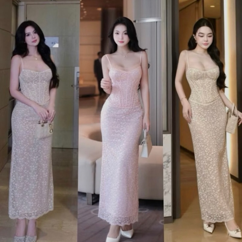 Đầm ren 2 dây phối lứơi cổ viền sọc có gọng tôn dáng