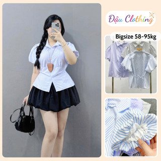 Set Đồ Bigsize Nữ Áo Sơ Mi Tay Phồng Có Dây Buộc Eo Kèm Chân Váy Bí Dễ Thương Cho Chubby