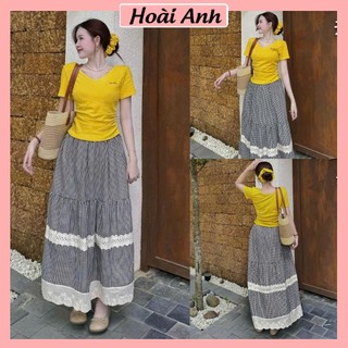 Set Bộ Đồ Nữ Áo Thun Cổ Tim Màu Vàng Thêu Chữ Min Nhún Eo Mix Chân Váy Kẻ Caro Đen Trắng Dáng Dài Kèm Dây Chun Tóc