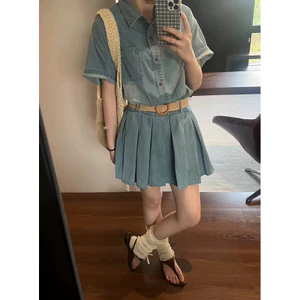 M.H STYLE ORDER sét đồ denim áo sơmi+chân váy sếp ly retro mới