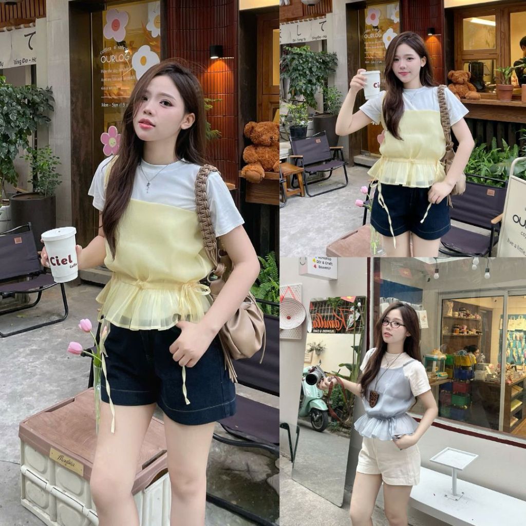 Set áo thun basic kèm áo tơ 2 dây rút eo freesize SUMMER TOP Joolate - tách set
