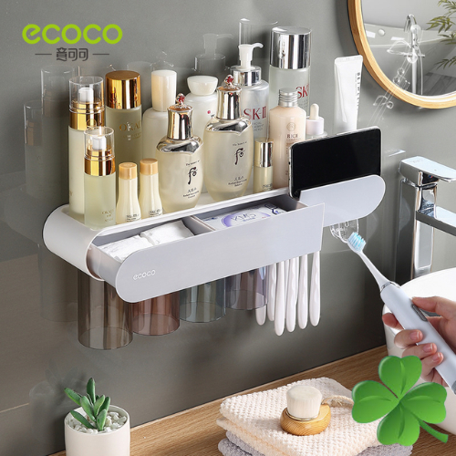 Nhả Kem Đánh Răng ECOCO Có Ngăn Để Đồ, Để Bàn Chải Đánh Răng Cao Cấp (Tặng Miếng Dán ) 4 Cốc 2123